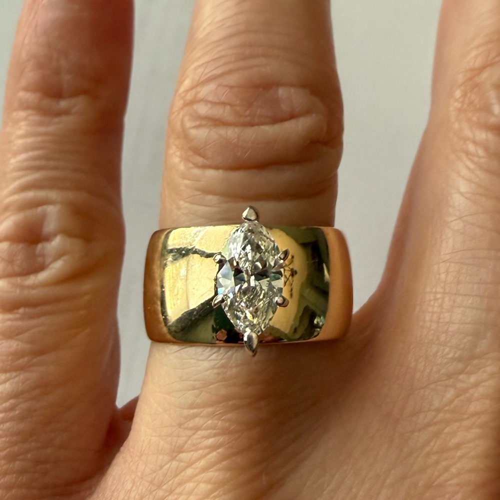 Vintage 14K Gold Band Ring with Natural Marquise-Cut Diamond Solitaire ✨